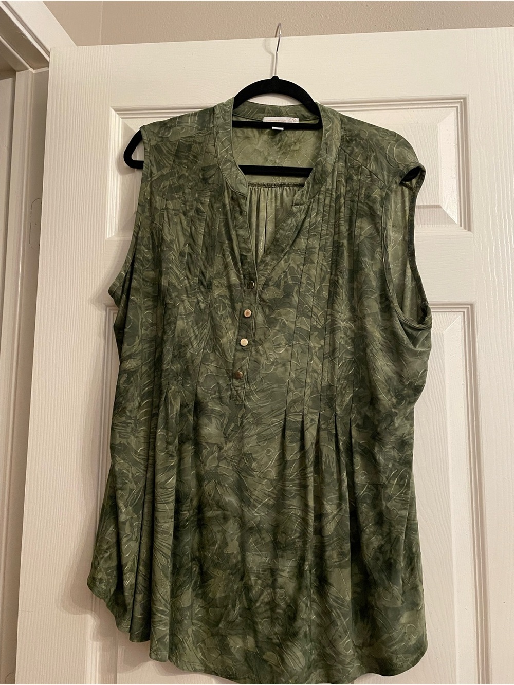 Westport Olive Green Sleeveless Pleated V-Neck Blouse